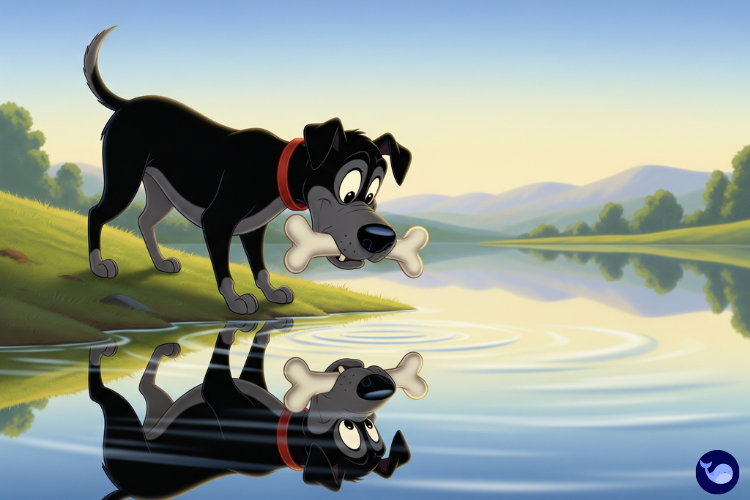 Göl kenarında kemiğini düşüren açgözlü köpek çizimi