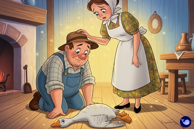 Altın yumurta yumurtlayan kazın yanında şaşkın çiftçi çizimi