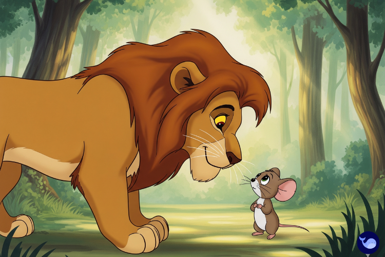 Fare ipleri kemirerek aslanı tuzaktan kurtarıyor çizimi