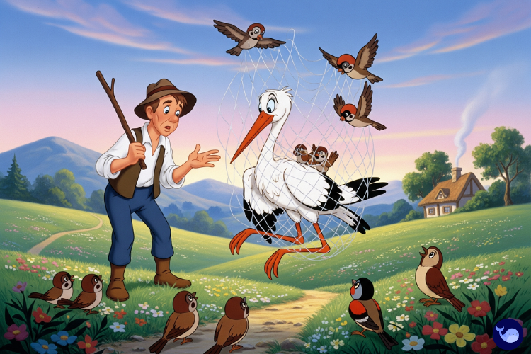 Tarlada ağa yakalanmış leylek ve kuşlar çizimi