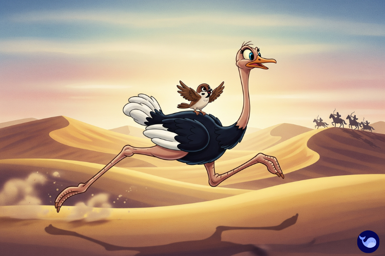 Devekuşunun sırtında serçeyi taşıyarak çölde koştuğu sahne çizimi