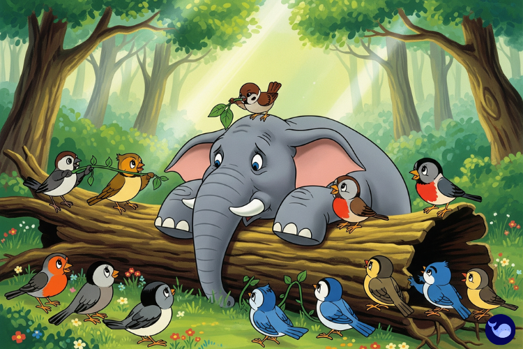 Minik serçenin fili ağaç altından kurtardığı sahne çizimi