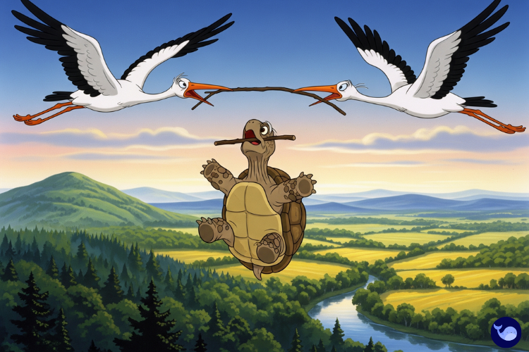 Leyleklerin taşıdığı dalı tutan kaplumbağa havada yol alıyor