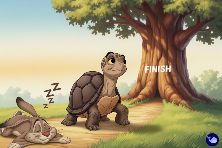 Kaplumbağanın yarışı kazandığı an, tavşanın uyuduğu sahne çizimi