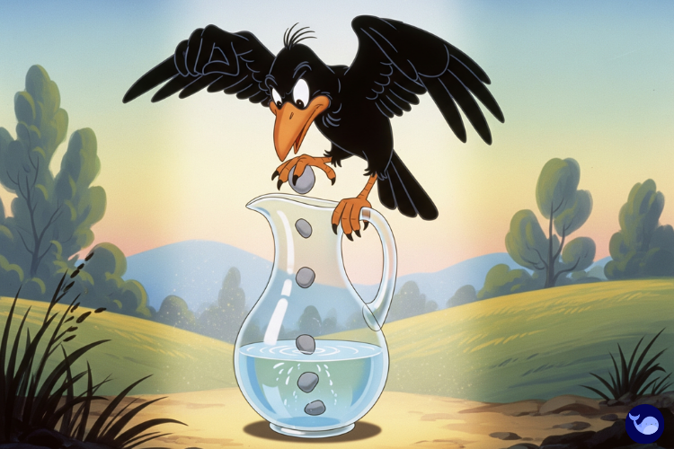 Küçük taşları testiye atan susamış karga çizimi