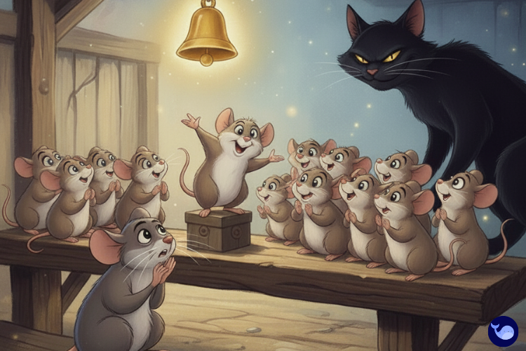 Farelerin toplantı yapıp kedinin boynuna çan takmayı tartıştığı sahne