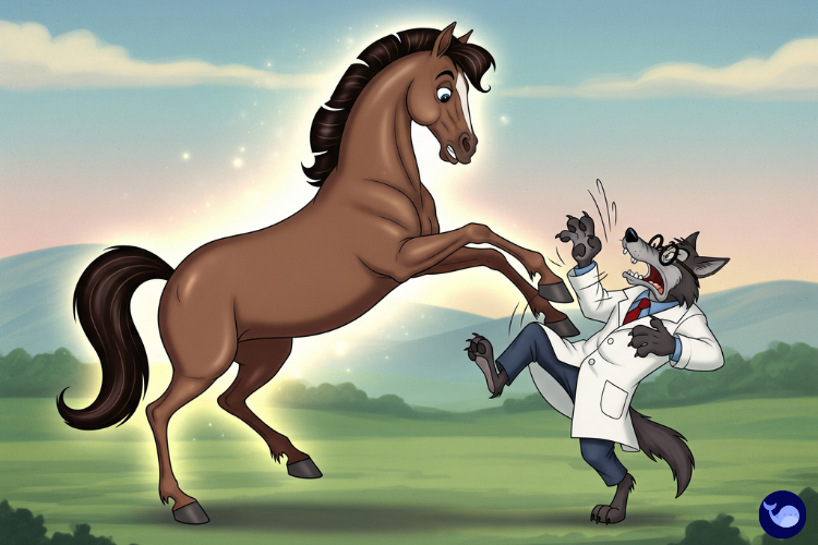 Atın arka ayaklarıyla kurdu yere savurduğu sahne çizimi