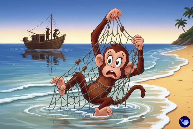 Balıkçı ağına dolanmış maymunu kıyıda bulan balıkçılar çizimi