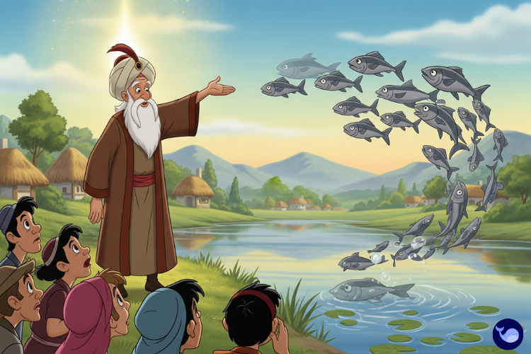 Göl kenarında ters yüzen balıklara bakan Nasreddin Hoca