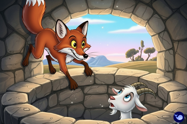 Kuyuya atlayan keçi ve sırtından kaçan tilki çizimi