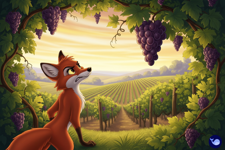 Üzümlere ulaşamayan tilkinin dallara zıpladığı sahne çizimi