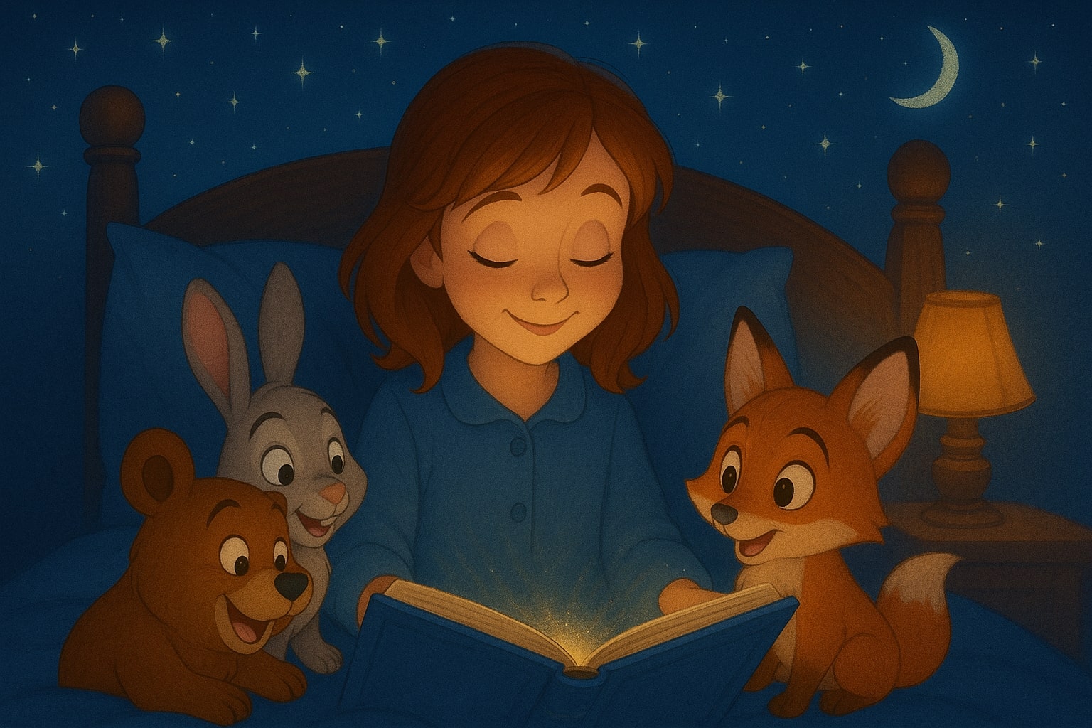 Uyku öncesi masalları temalı yatakta kitap okuyan çocuk ve sevimli hayvan dostlarıyla huzurlu gece sahnesi.